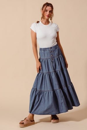 SO ME Women's Skirts Shirred Denim Block Flowy Maxi Skirt