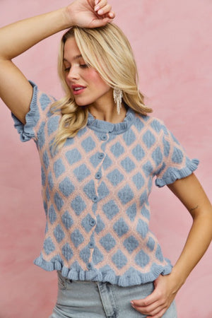 SO ME Women's Sweaters Diamond Design 2 Tone Weave Ruffle Sweater Cardigan