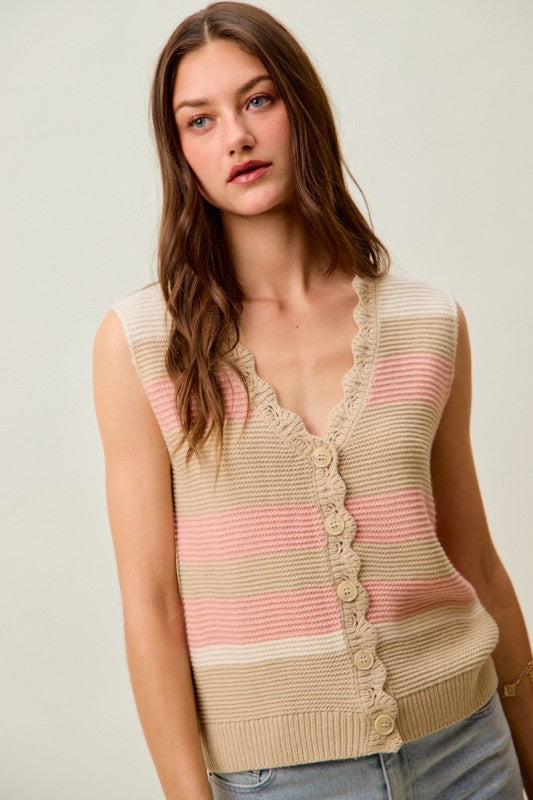 SO ME Women's Sweaters Multi Color Stripe Sweater Vest With Scallop Edge