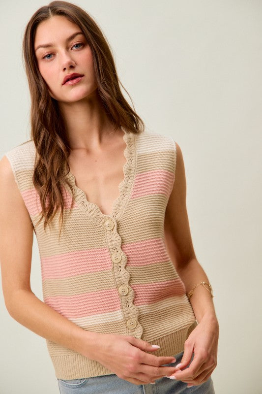 SO ME Women's Sweaters Multi Color Stripe Sweater Vest With Scallop Edge
