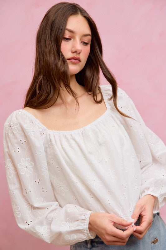 SO ME Women's Top Cotton Gauze Eyelet Scallop Edge Blouse Top