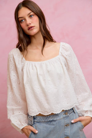 SO ME Women's Top Cotton Gauze Eyelet Scallop Edge Blouse Top