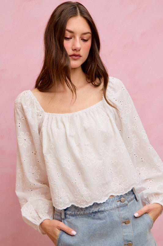 SO ME Women's Top Cotton Gauze Eyelet Scallop Edge Blouse Top