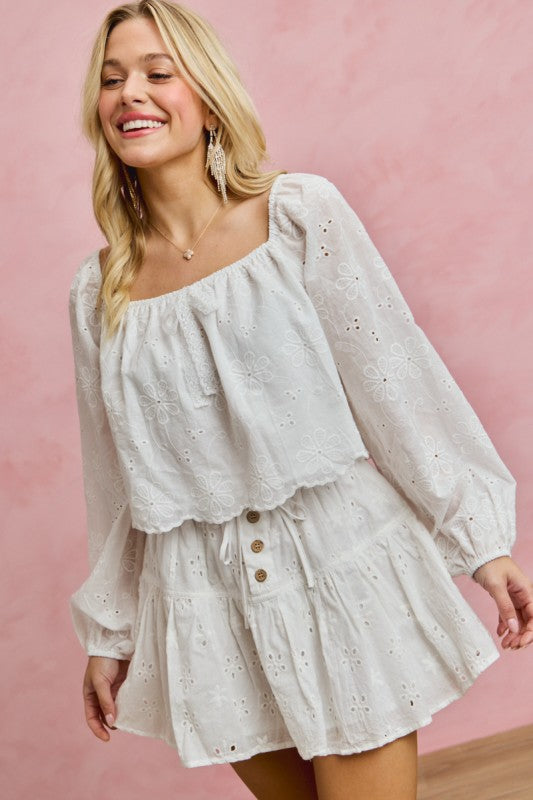 SO ME Women's Top Cotton Gauze Eyelet Scallop Edge Blouse Top