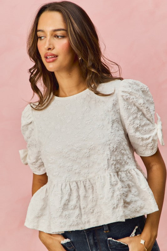 SO ME Women's Top Floral Jacquard Short Sleeves Peplum Top with Ribbon Detail