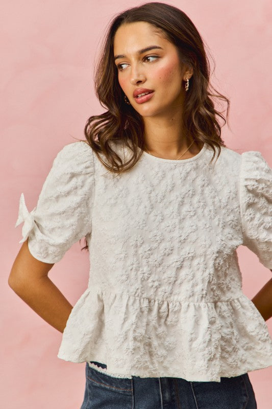 SO ME Women's Top Floral Jacquard Short Sleeves Peplum Top with Ribbon Detail