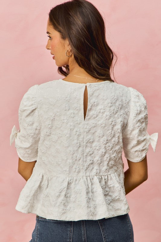 SO ME Women's Top Floral Jacquard Short Sleeves Peplum Top with Ribbon Detail