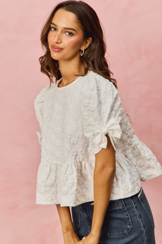 SO ME Women's Top Floral Jacquard Short Sleeves Peplum Top with Ribbon Detail