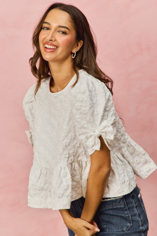 SO ME Women's Top Floral Jacquard Short Sleeves Peplum Top with Ribbon Detail