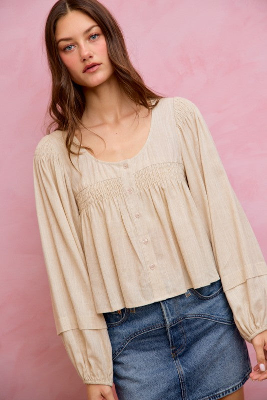 SO ME Women's Top Linen Blend Woven Long Sleeve With Smocking Top