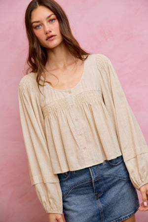 SO ME Women's Top Linen Blend Woven Long Sleeve With Smocking Top