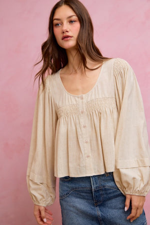 SO ME Women's Top Linen Blend Woven Long Sleeve With Smocking Top