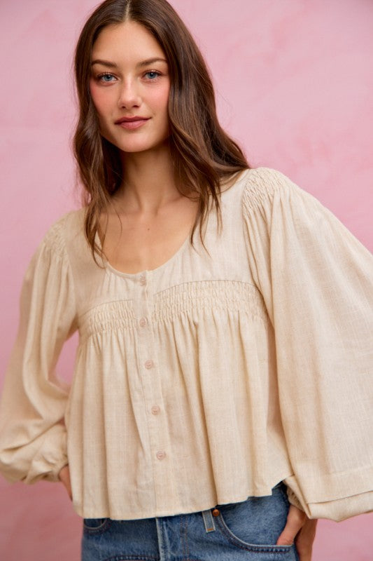 SO ME Women's Top Linen Blend Woven Long Sleeve With Smocking Top