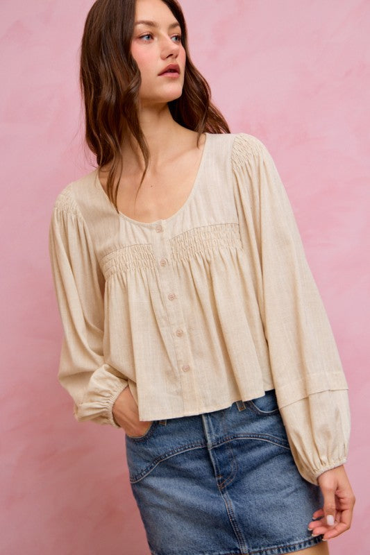 SO ME Women's Top Linen Blend Woven Long Sleeve With Smocking Top