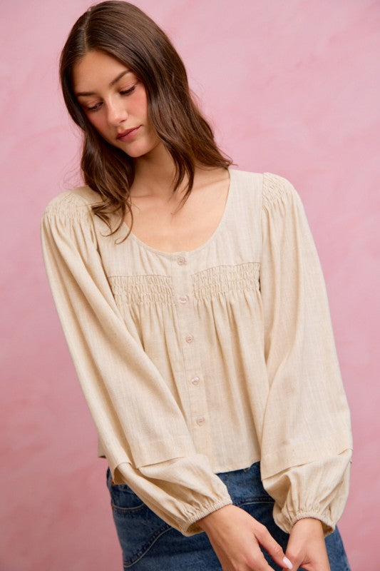 SO ME Women's Top Linen Blend Woven Long Sleeve With Smocking Top