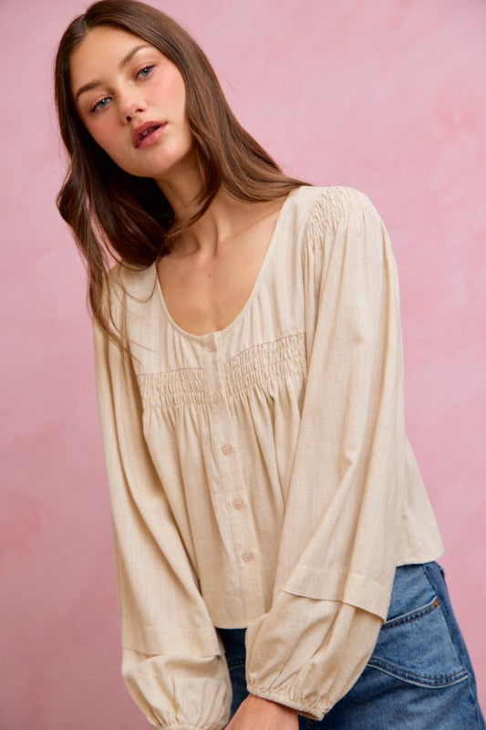 SO ME Women's Top Linen Blend Woven Long Sleeve With Smocking Top