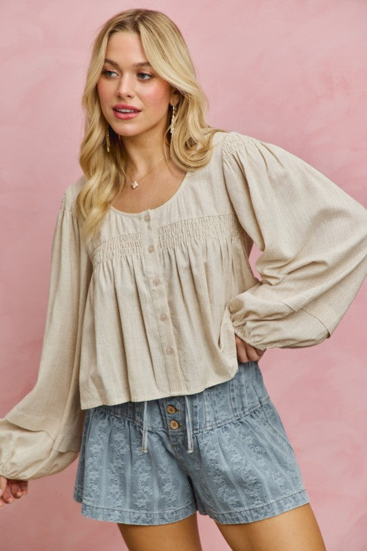 SO ME Women's Top Linen Blend Woven Long Sleeve With Smocking Top