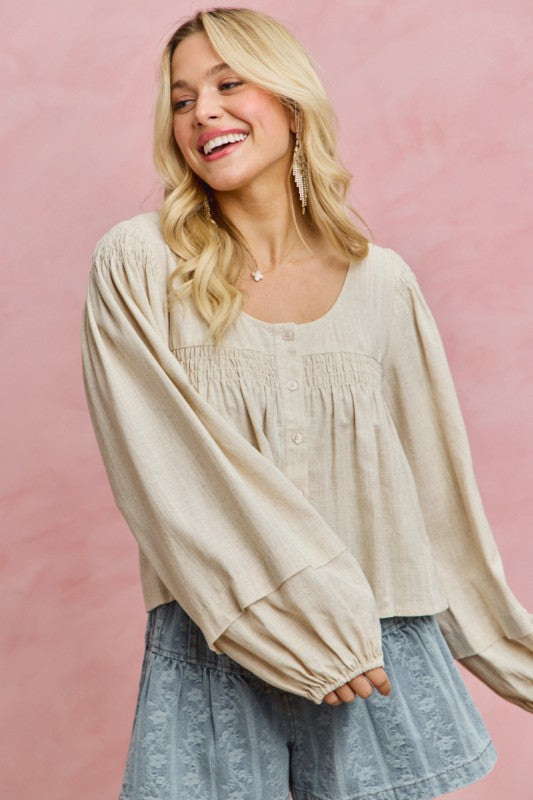 SO ME Women's Top Linen Blend Woven Long Sleeve With Smocking Top