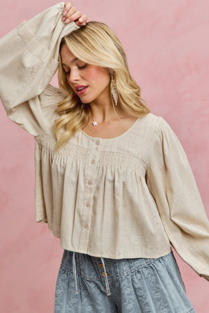 SO ME Women's Top Linen Blend Woven Long Sleeve With Smocking Top