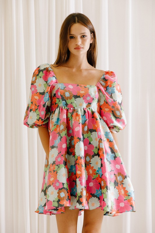 STORIA Women's Dress Neon Floral Print Baby Doll Mini Dress || David's Clothing