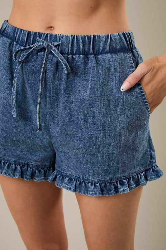 SUNDAY EDITION Women's Shorts Mid Rise Ruffle Hem Stretchy Denim Shorts