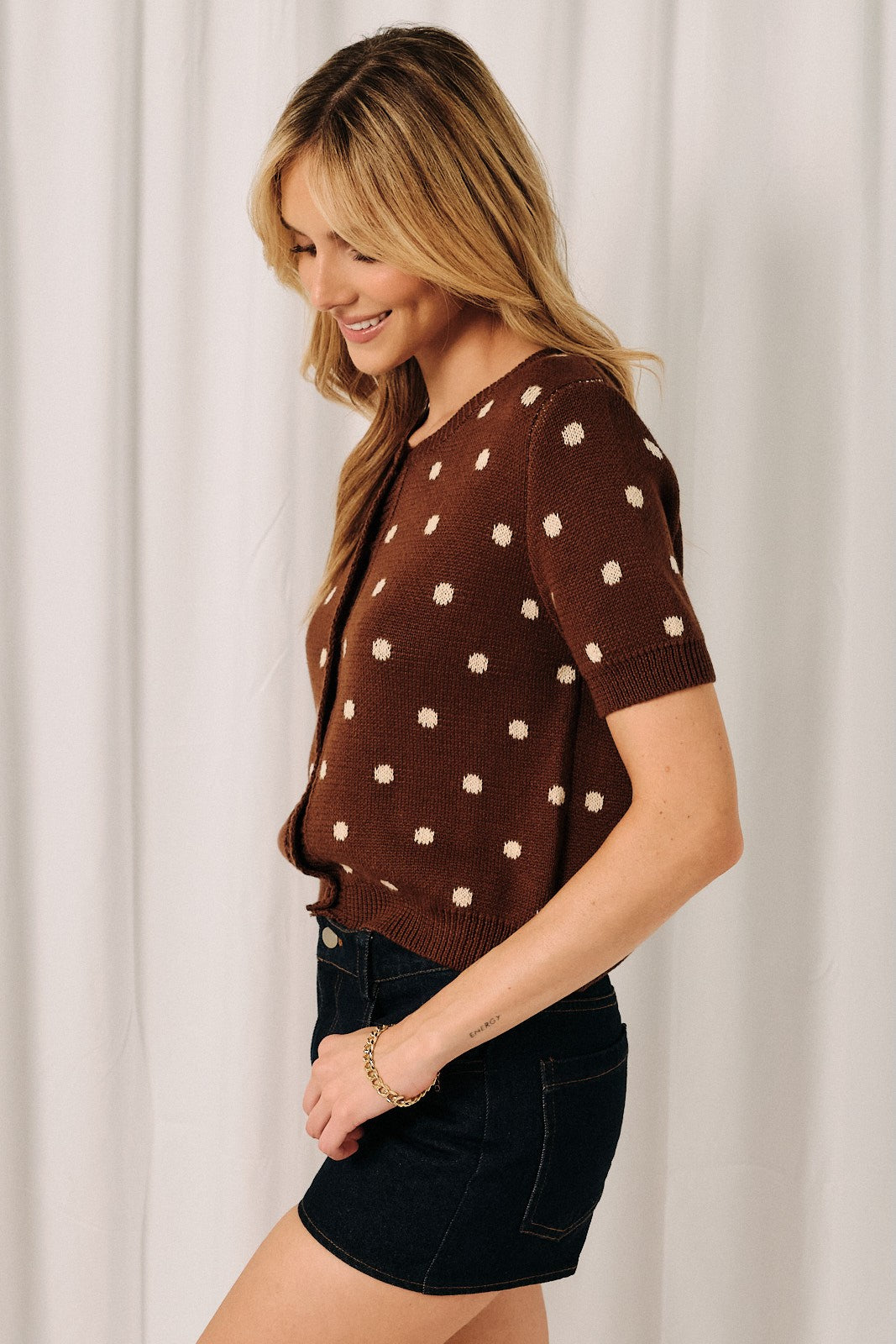SUNDAY EDITION Women's Sweater Round Neck Button Down Polka Dot Sweater Cardigan