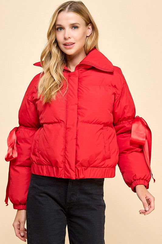 TCEC Women Jackets RED / S Puffer Jacket With Bow Knot Elbow String || David's Clothing CJ6480P