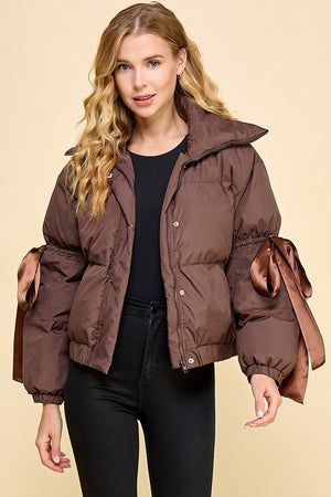 TCEC Women Jackets CHOCOLAT / S Puffer Jacket With Bow Knot Elbow String || David's Clothing CJ6480P