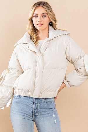 TCEC Women Jackets CREAM / S Puffer Jacket With Bow Knot Elbow String || David's Clothing CJ6480P