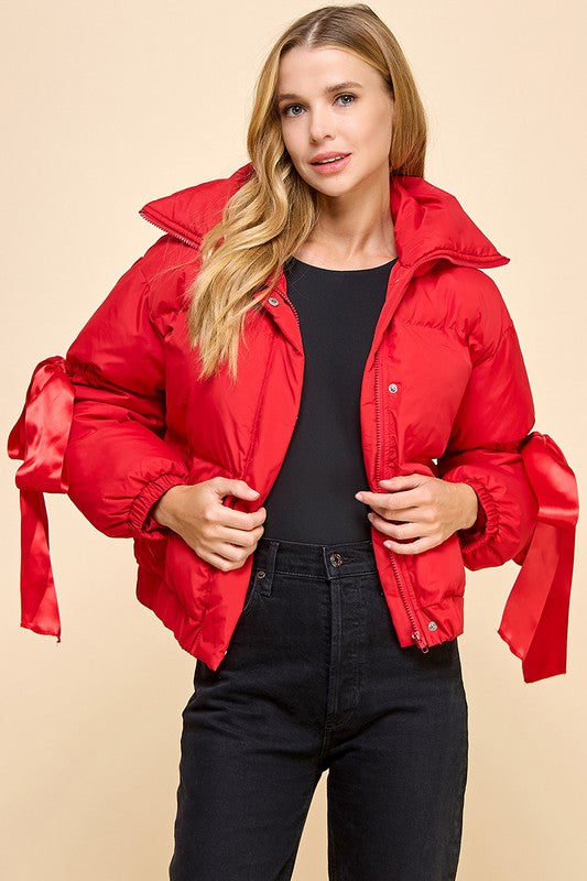 TCEC Women Jackets RED / S Puffer Jacket With Bow Knot Elbow String || David's Clothing CJ6480P