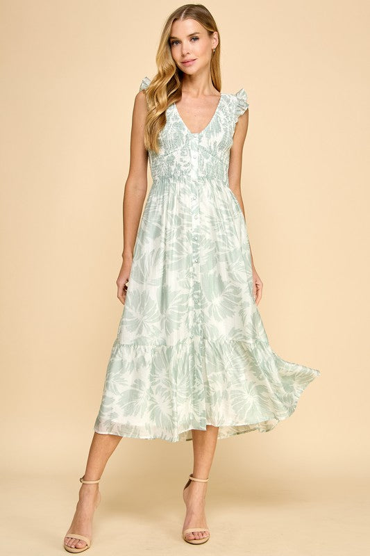 TCEC Women's Dresses Abstract Print Smocked Bodice Flare Hem Midi Dress