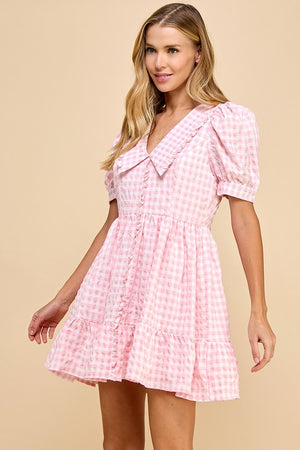 TCEC Women's Dresses Gingham Peter Pan Collared Puff Sleeves Dress || David's Clothing