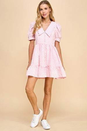 TCEC Women's Dresses Gingham Peter Pan Collared Puff Sleeves Dress || David's Clothing