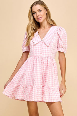 TCEC Women's Dresses Gingham Peter Pan Collared Puff Sleeves Dress || David's Clothing