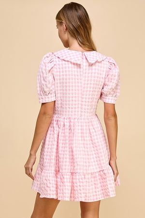 TCEC Women's Dresses Gingham Peter Pan Collared Puff Sleeves Dress || David's Clothing