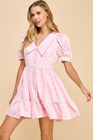 TCEC Women's Dresses Gingham Peter Pan Collared Puff Sleeves Dress || David's Clothing