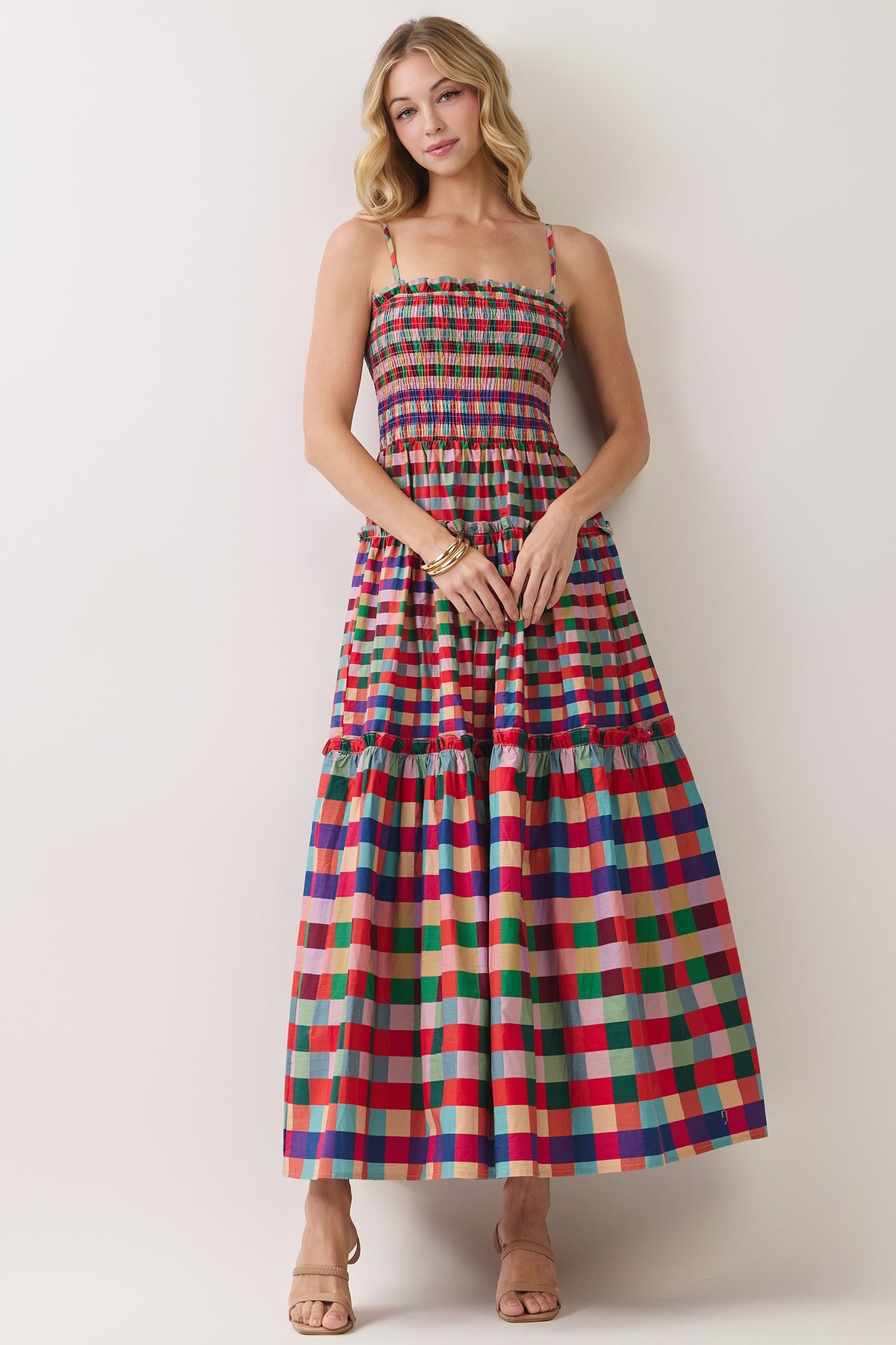 TCEC Women's Dresses Smocked Bodice Plaid Tiered Maxi Dress