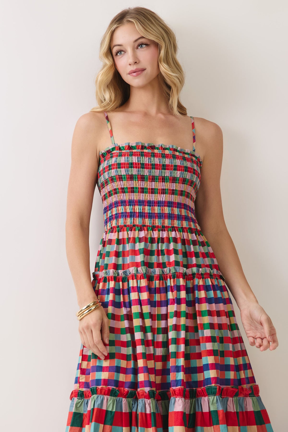 TCEC Women's Dresses Smocked Bodice Plaid Tiered Maxi Dress