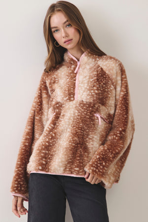 TCEC Women's Jackets Deer Print Faux Fur Half-zip Jacket