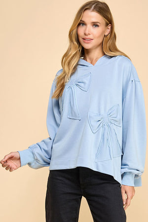 TCEC Women's Sweaters LIGHT BLUE / S Oversized Hoodie with Accented Bows || David's Clothing CT9175LB