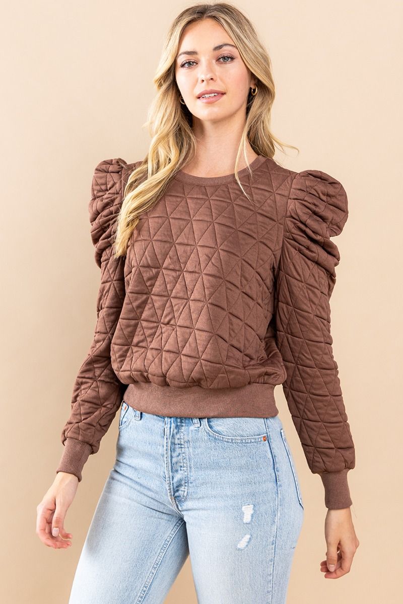 TCEC Women's Sweaters CHOCOLAT / S Quilted Puffed Shoulder Sweater || David's Clothing CW2506