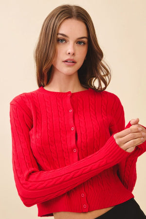 TCEC Women's Sweaters RED / S Cable Knit Crop Silhouette Button Front Cardigan CW2612