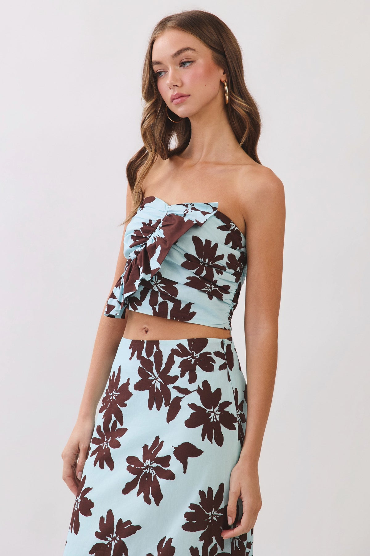 TCEC Women's Top Floral Print Strapless Ruffle Crop Top