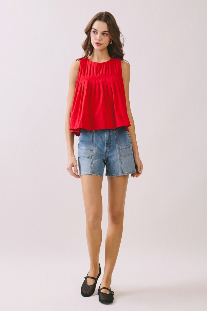 TCEC Women's Top Pleated Detail High Low Sleeveless Top