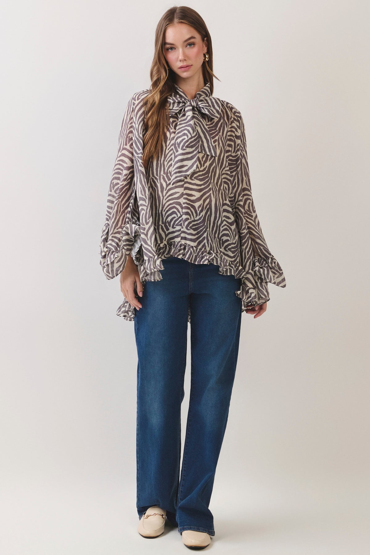TCEC Women's Top Zebra Print Ruffle Detail High Low Hem Blouse