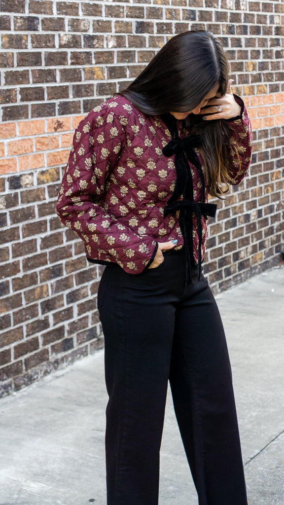 THML Women Jackets Velvet Bow Floral Quilted Jacket