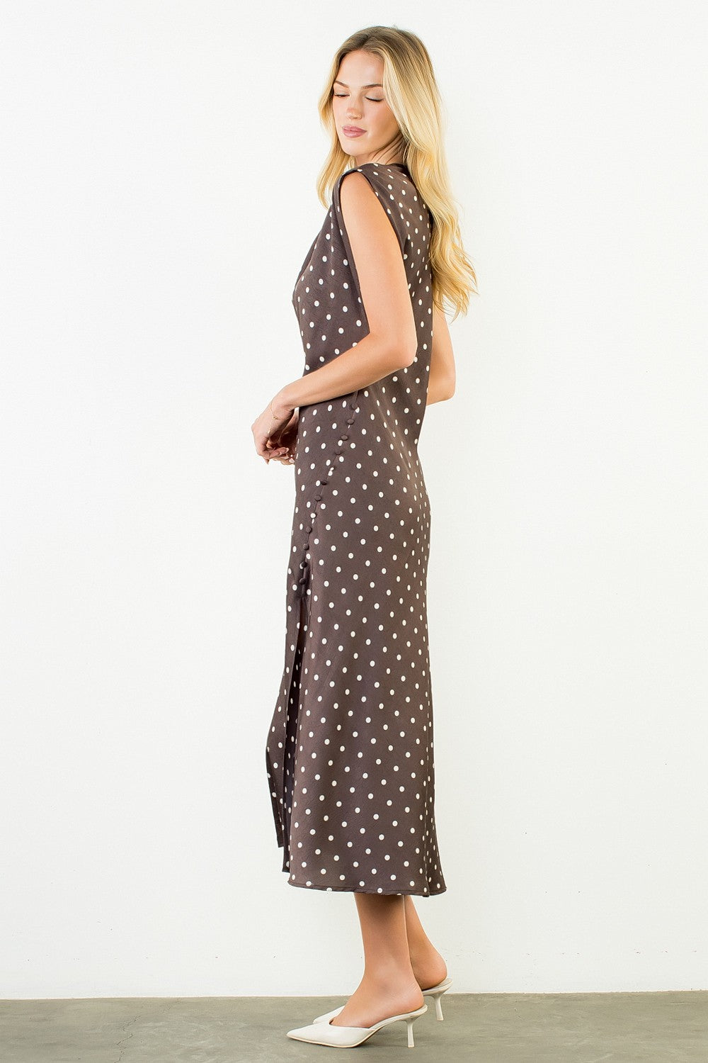 THML Women's Dresses Cowl Neck Polka Dot Slit Dress