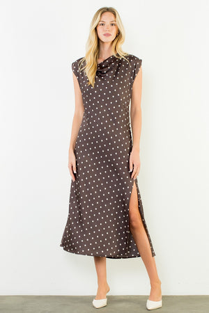THML Women's Dresses Cowl Neck Polka Dot Slit Dress