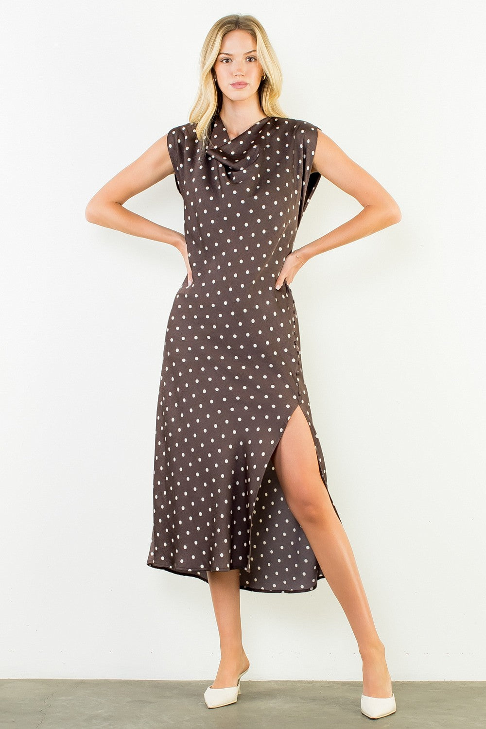 THML Women's Dresses Cowl Neck Polka Dot Slit Dress