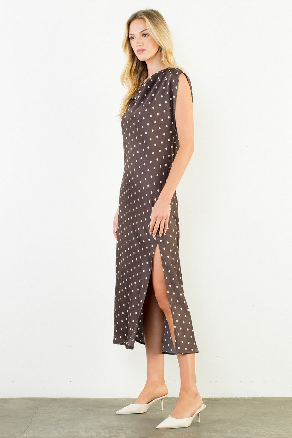 THML Women's Dresses Cowl Neck Polka Dot Slit Dress